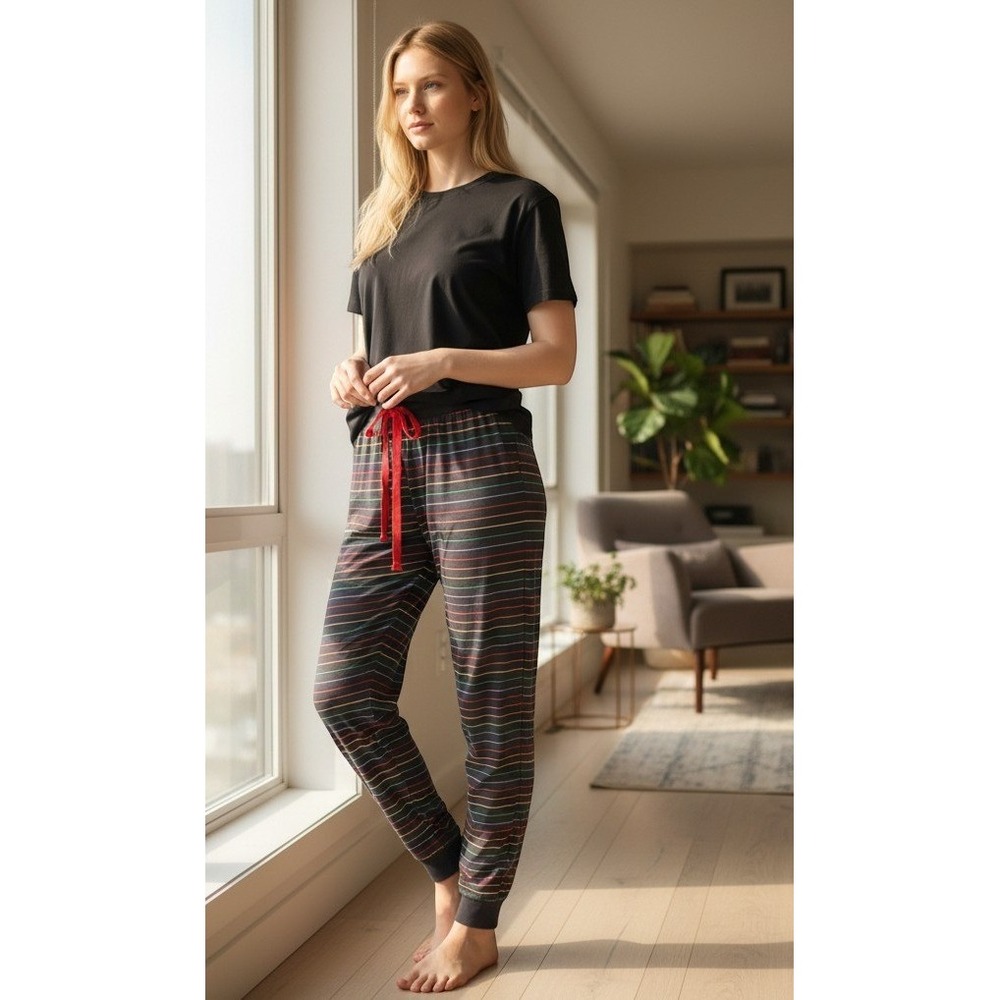 PJ Salvage Women Slate Gray Multi Stripe Pajama Jogger Pants‎ Large NWT